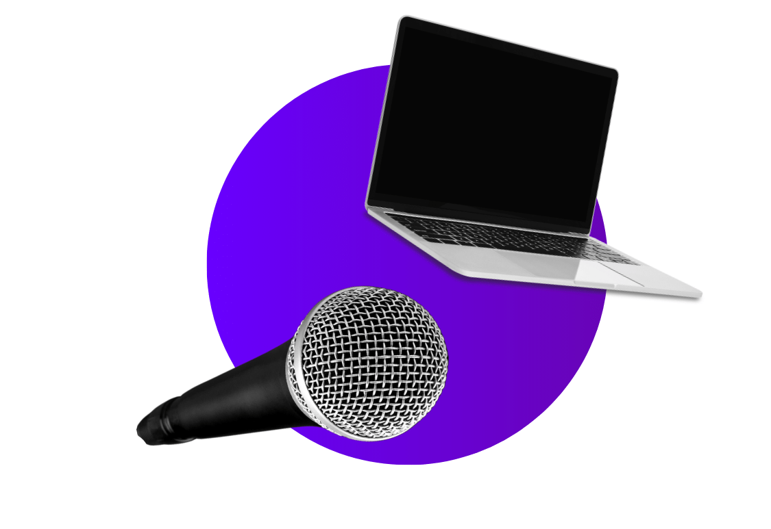 Laptop and microphone on a purple circle
