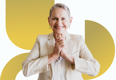 Professional Woman Smiling with Gold Gradient Shapes - CICMQ Accreditation
