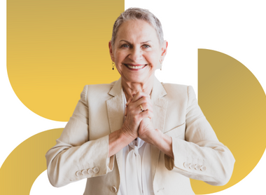 Professional Woman Smiling with Gold Gradient Shapes - CICMQ Accreditation