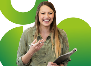 Professional Woman Smiling with Green Gradient Shapes - CICM Qualifications