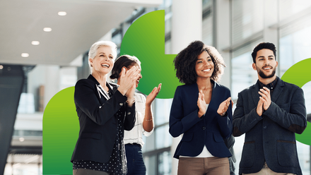 Professionals clapping and green shapes in background.png
